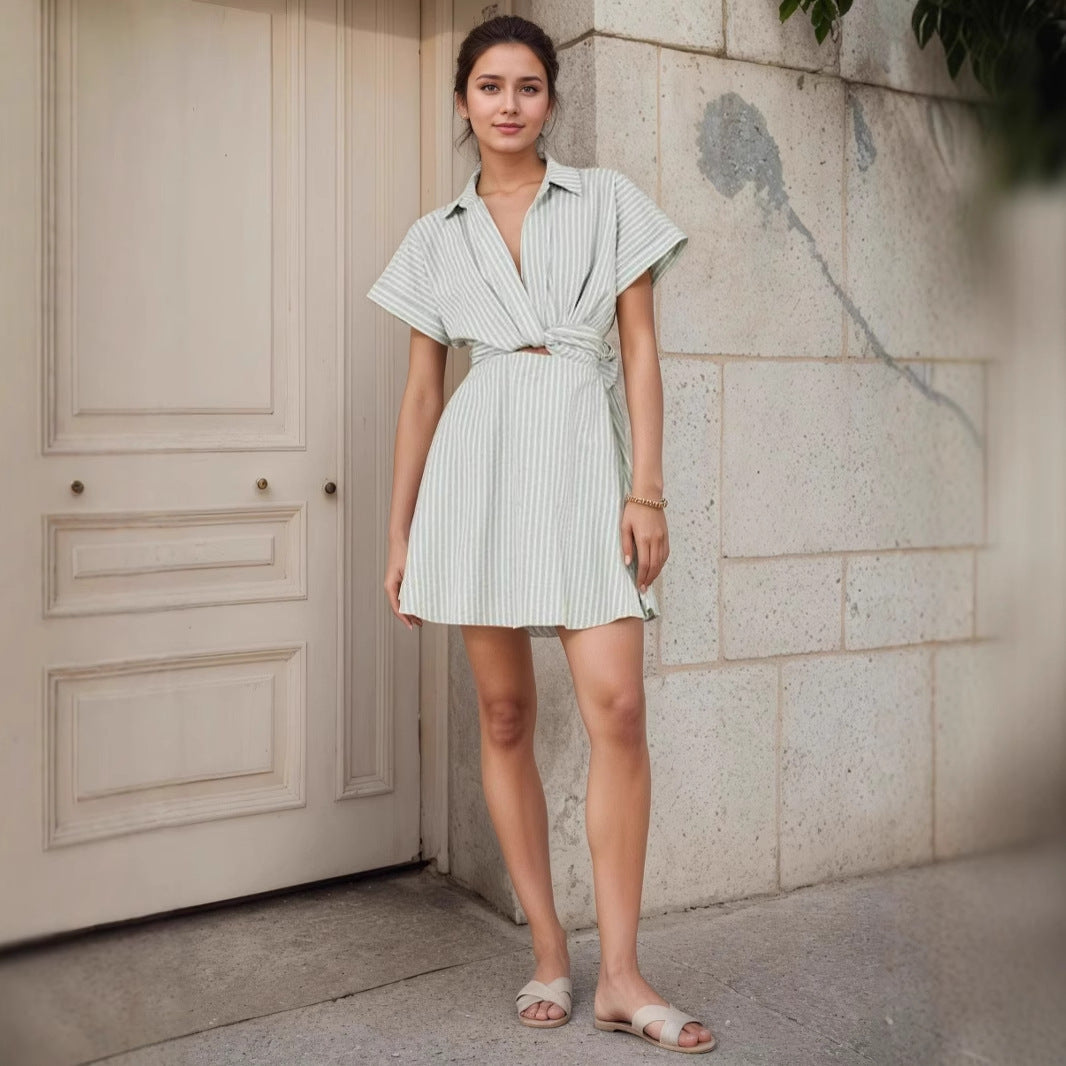 Striped Lace-Up Lapel Casual Short-Sleeve Dress