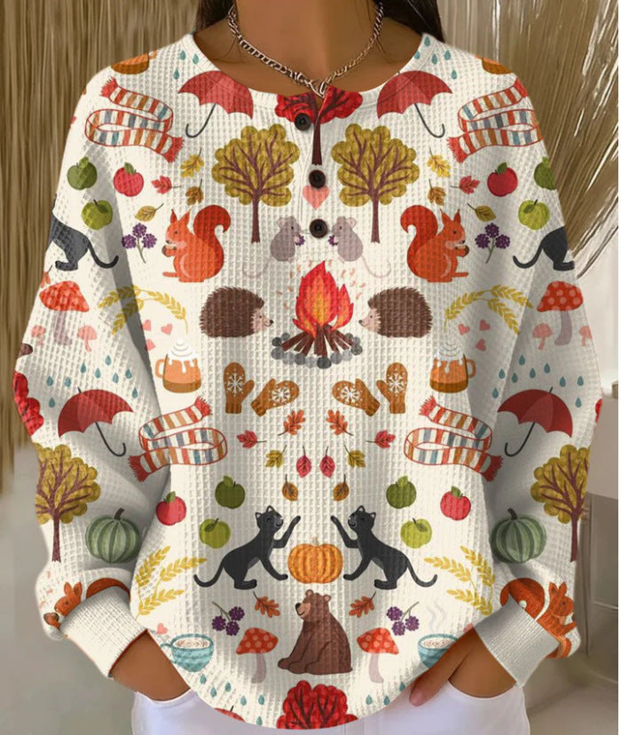 Hættetrøje til kvinder med plaidgræskar, blomster- og sommerfugleprint med knapper