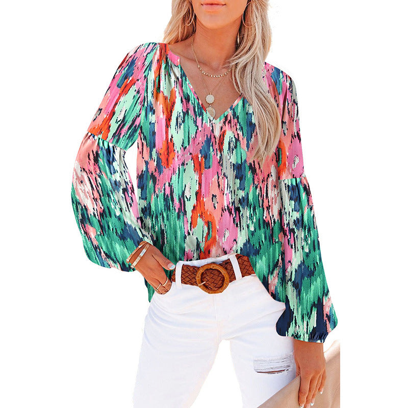 Dames Floral Chiffon Skjorte Løs V-hals Casual Top