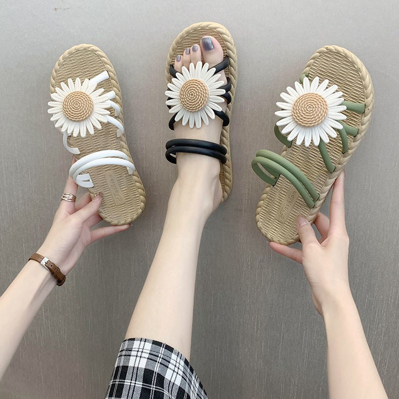 Outer Wear Student Fairy Style Flat Sandals And Slippers With Small Wrinkle Chrysanthemum