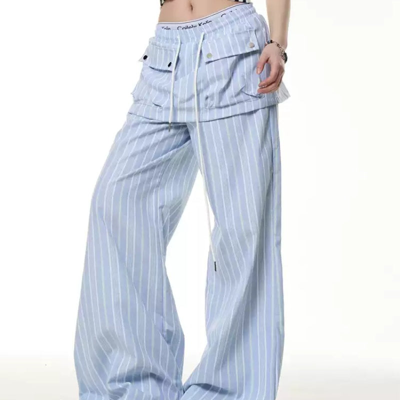 Vintage Stripe Fake Two Pieces Dungarees Women's Loose Straight