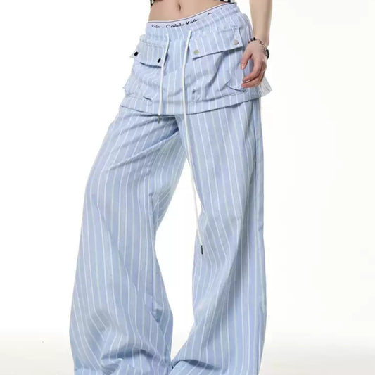 Vintage Stripe Fake Two Pieces Dungarees Women's Loose Straight