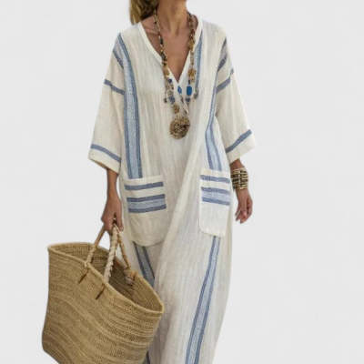 Digital Print V-Neck Three-Quarter Sleeve Dress 3D