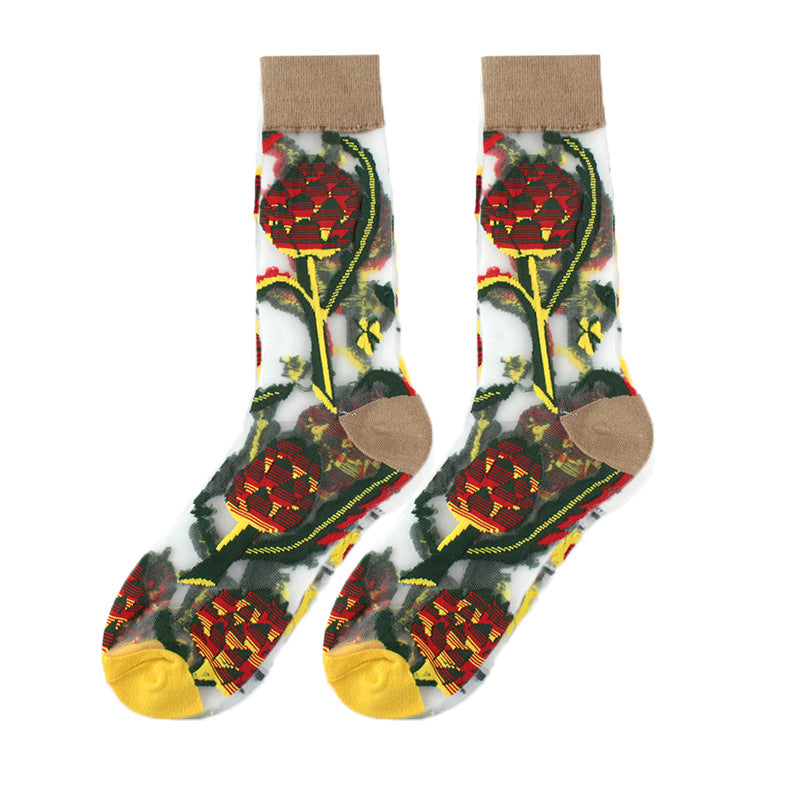 Thin Mid Tube Fashion Style Flower Forest Glass Stockings