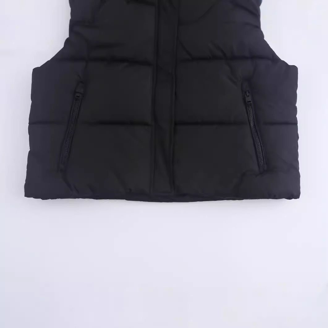 European And American Style Stylish Simple And Versatile Hooded Stitching Cotton-padded Jacket Vest