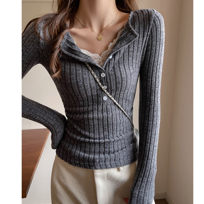 Fashion Lace Spliced Long Sleeve T-shirt Women