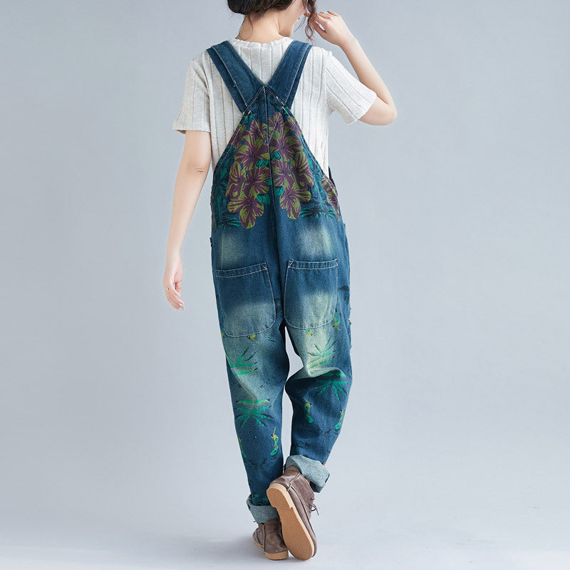 Women's Loose Plus Size Denim Light Color Hole Overalls