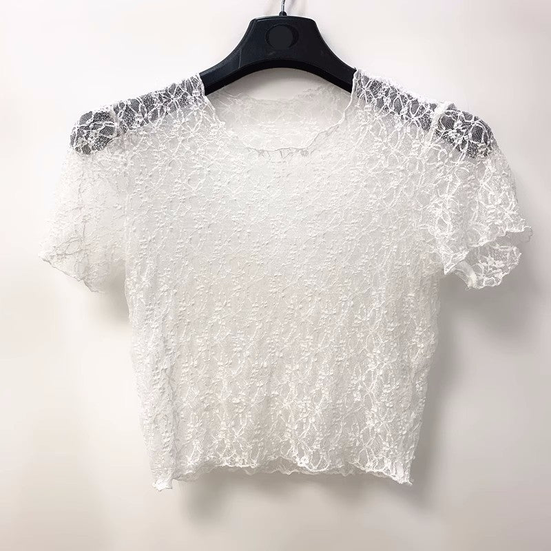 Big Neckline Long Sleeve Lace Stretch Slim Short Chic Crocheted Top