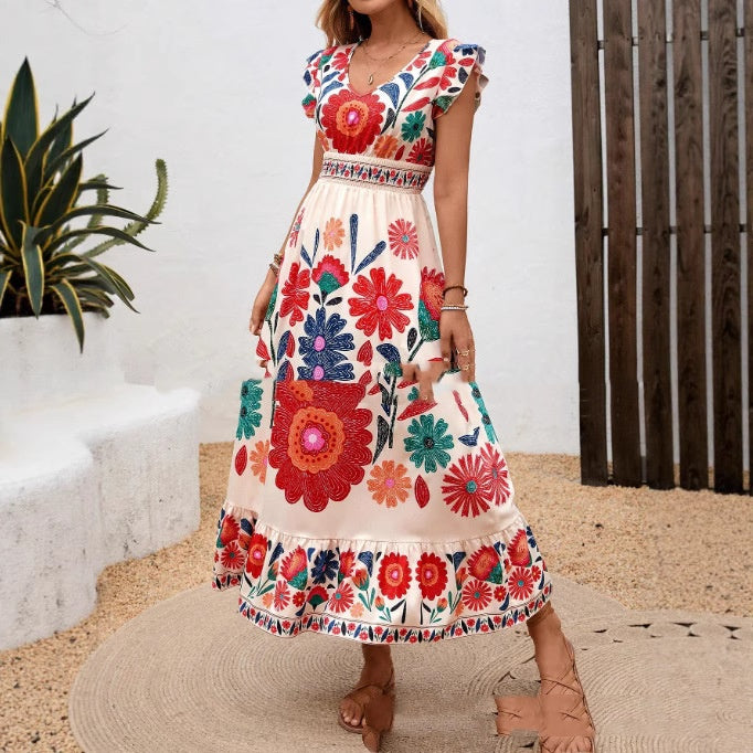 European And American-style V-neck Printed Dress