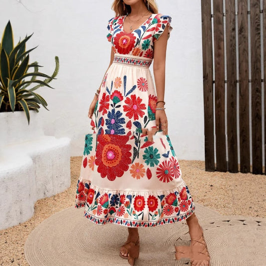 European And American-style V-neck Printed Dress