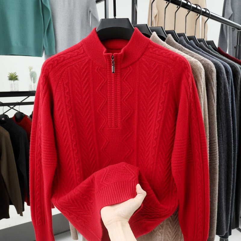 Wool  Men's Sweater Half Turtleneck Zipper Sweater