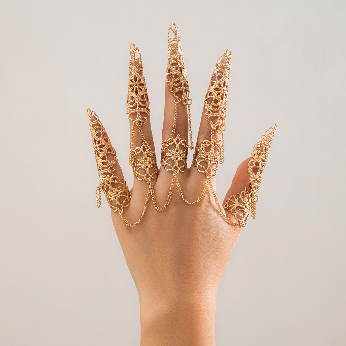 Ornament Gothic Style Hollow Tapered Fingernail Cap Ring Niche Metal Tassel Ring