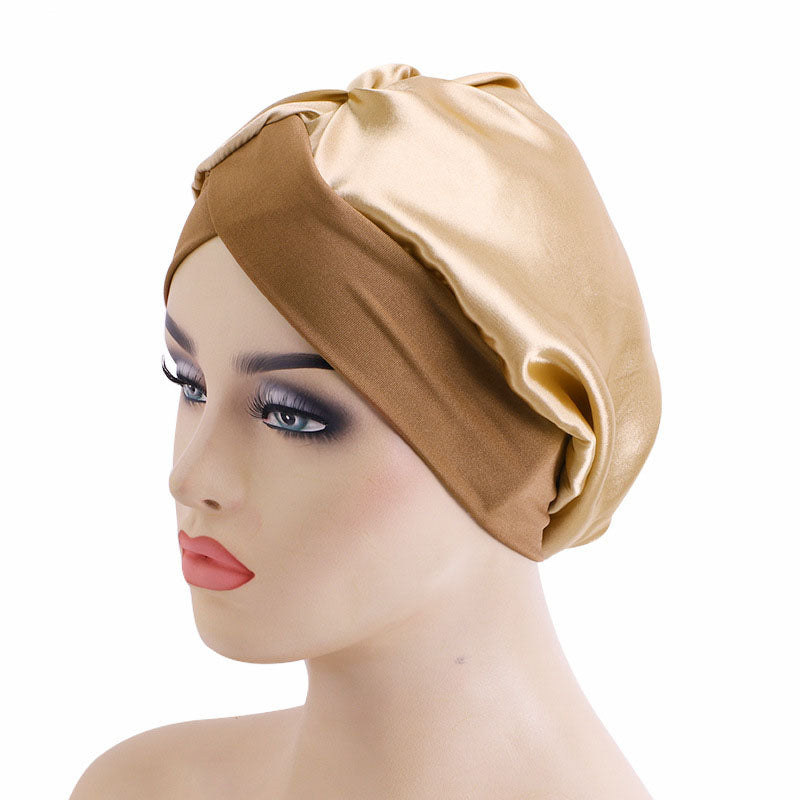 Solid Color Cross-Brim Satin Nightcap Hair Care Hat