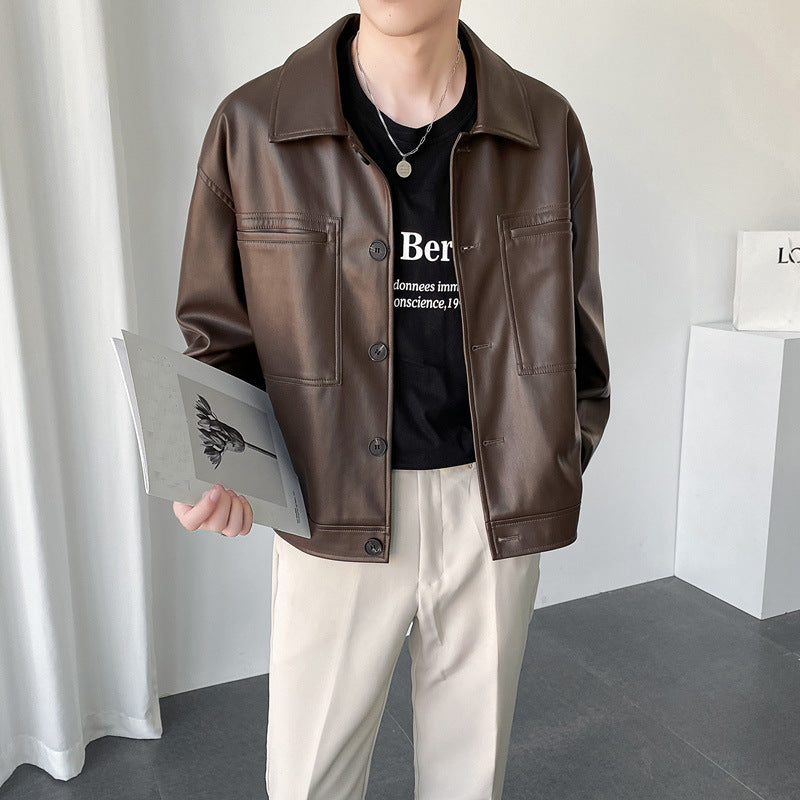 Efterår Retro Revers Kort Pu Læder Casual Jakke Mænds Koreansk-stil Niche Net Rød Løs Læderfrakke Flæse Flot Stilfuld