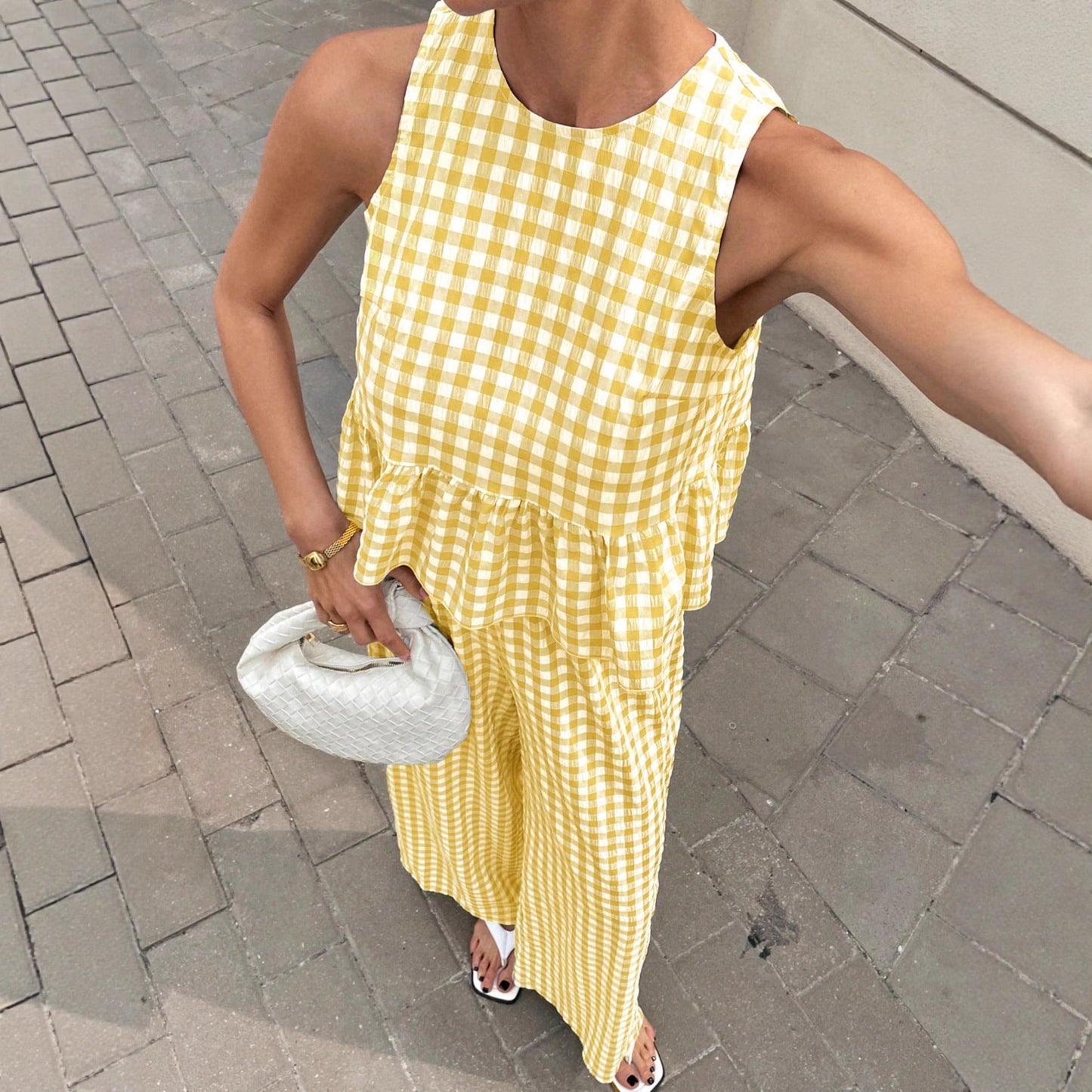 Womens Casual Crew-neck Sleeveless Top With Ruffled Hem And Straight-leg Pants