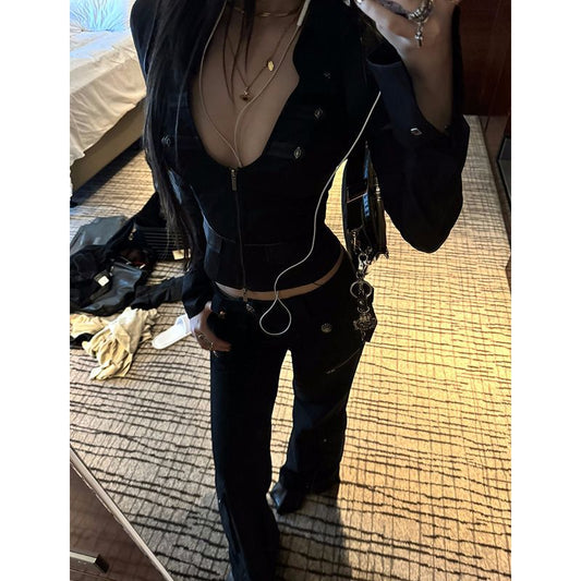 American Retro Sexy Hot Girl Deep V-neck Black Shirt
