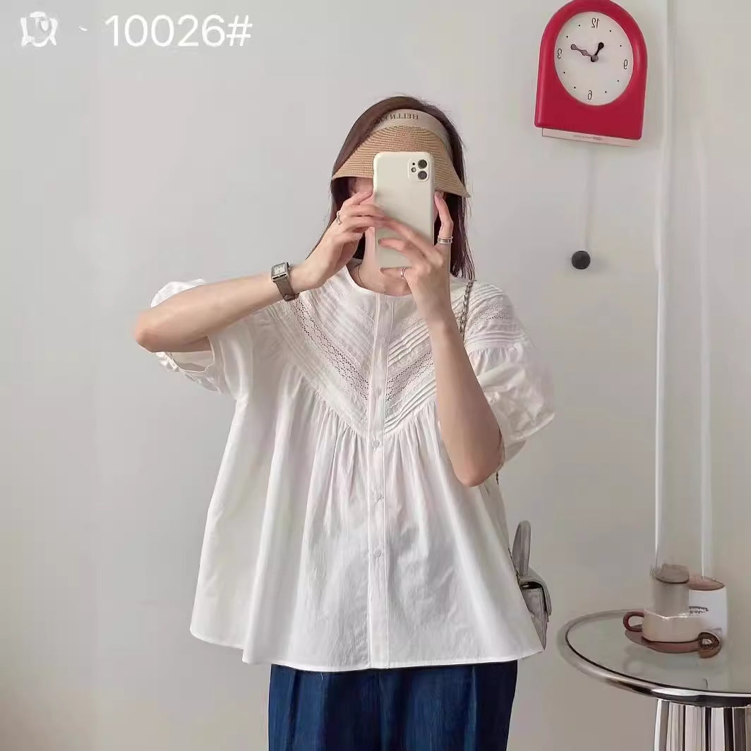 Solid Color Lace Round Neck Younger Short Sleeve Shirt Top