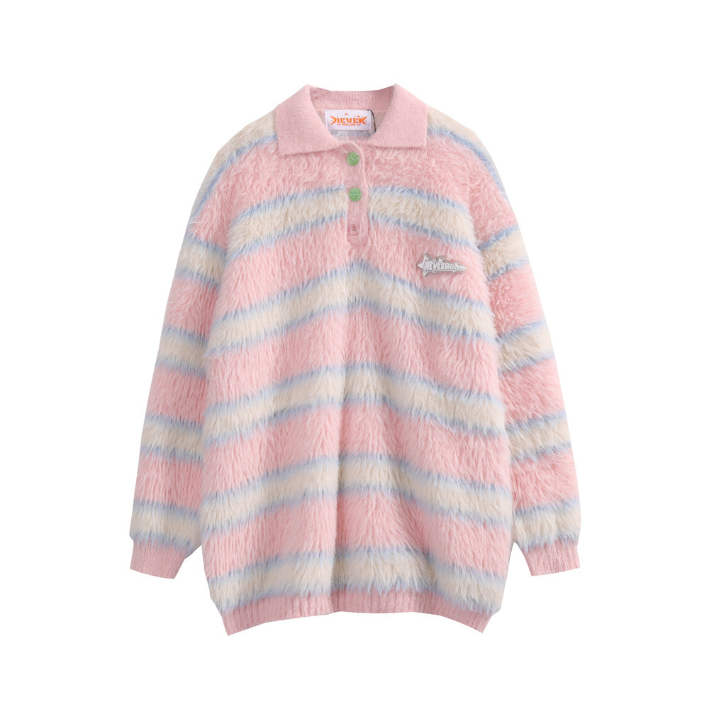 Contrast Striped Plush Sweater Long Sleeve Lapel Pullover