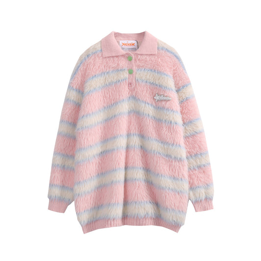 Contrast Striped Plush Sweater Long Sleeve Lapel Pullover
