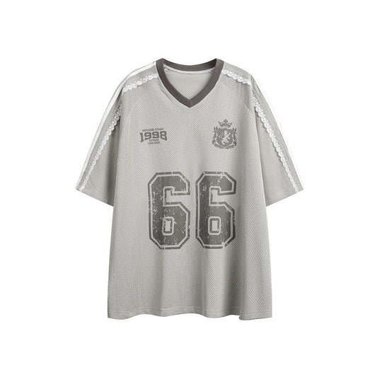 Summer Retro Distressed Contrast Color V-neck Loose All-match Sports Short Sleeve
