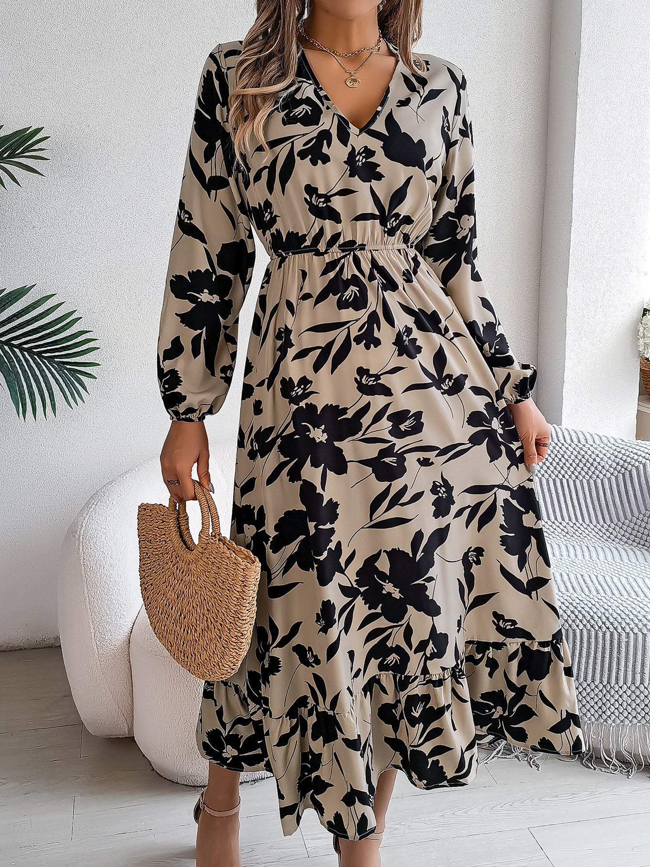 Dame Casual Blomstret Slå Om-kjole Med Lange Ærmer Og Flæser