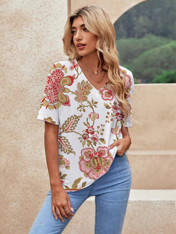 Printed Short Sleeve Urban Loose Casual Women's V Neck T Shirt