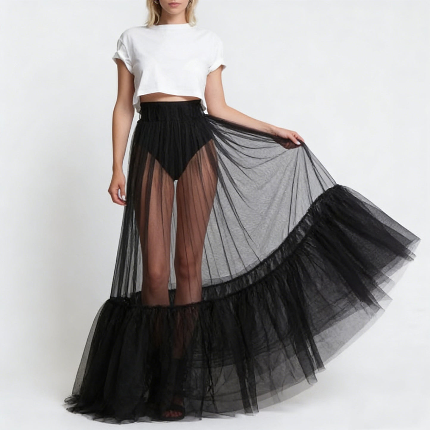 Puffed Fishtail Stiff-net Petticoat With Ruffled Hem Sheer Mid-length Skirt