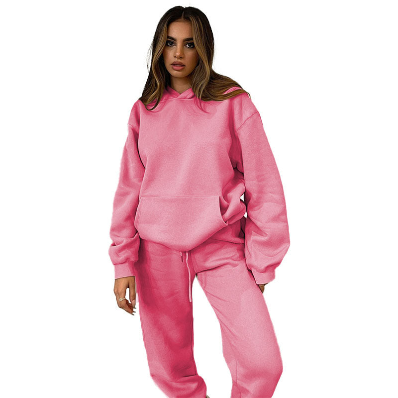 Solid-color Hooded Long-sleeve Sweatshirt And Pants Set For Fallwinter