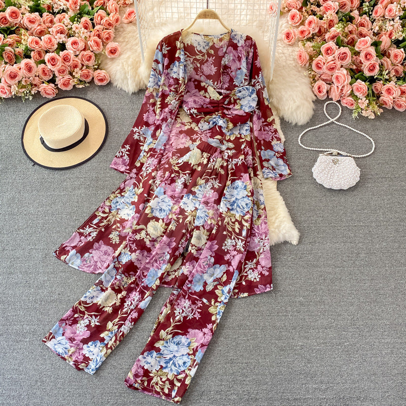 Mid-length Floral Chiffon Cardigan Three-piece Set Tube Top Short Type