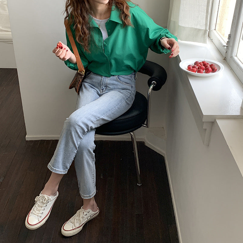Summer Korean Style Loose Slim High-waisted Straight Cropped Trousers