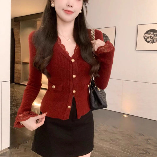 Elegant Lace V-neck Sweater With Golden Buttons