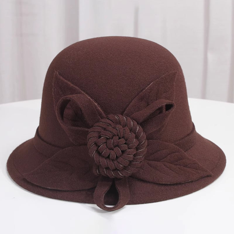 Korean Style Autumn And Winter Women's Woolen Hat Flowers British Retro Fisherman Basin Hat
