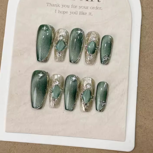 Green Bucheriti Cat's Eye Handmade Wear Manicure