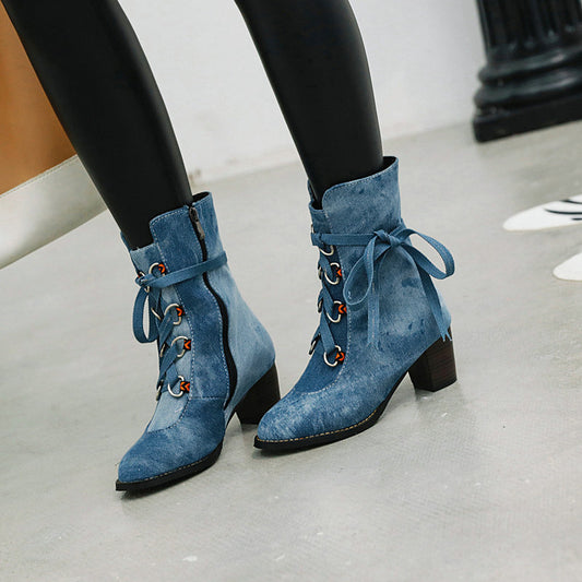 Womens Denim Winter Boots New Korean-Style Lace-Up Design