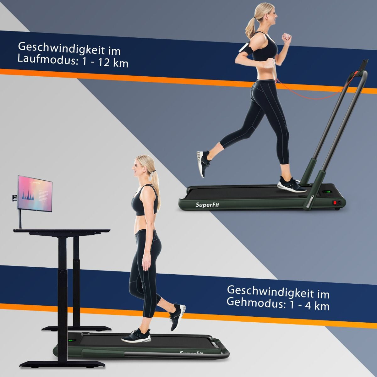 2-In-1 Faltbares Laufband Mit APP & Fernbedienung Handyhalter Led-Display Und Lautsprecher Grün