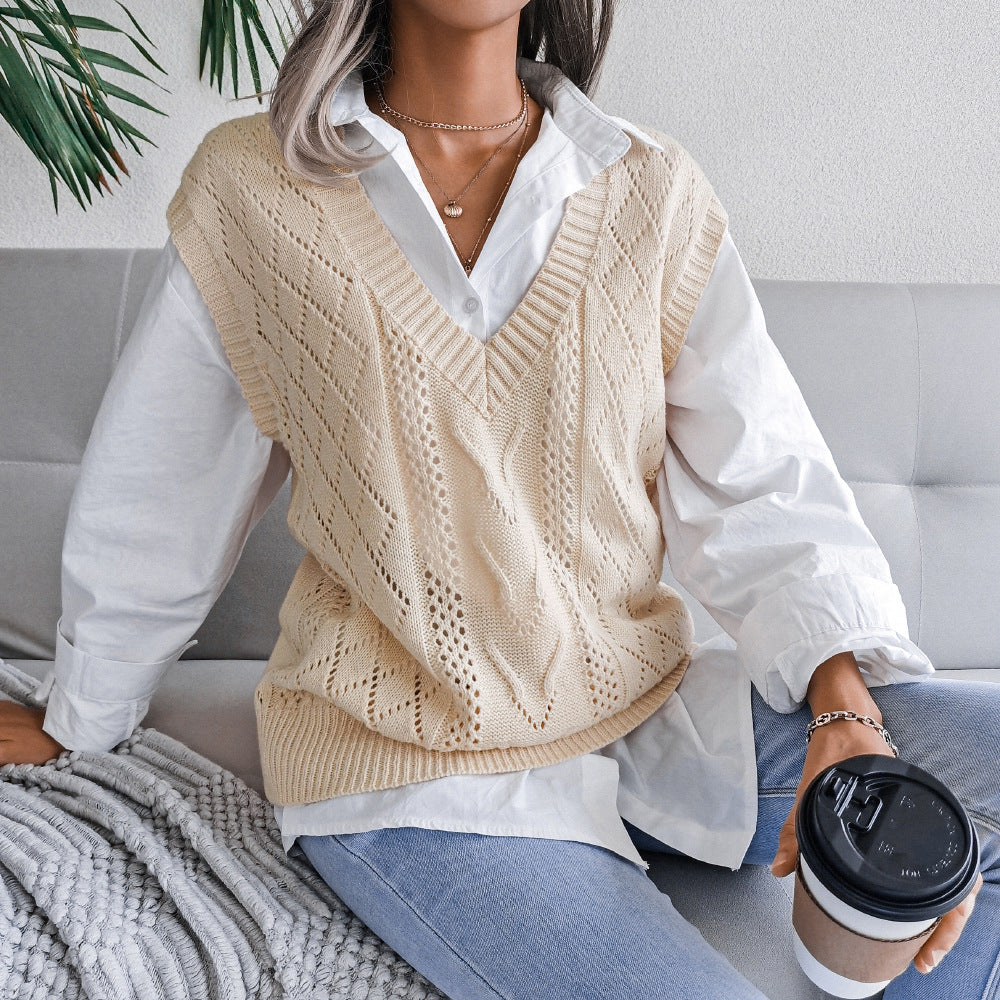 European & American Hollow Out Cable Knit V-Neck Sleeveless Sweater