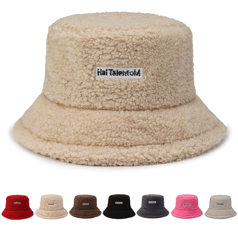 Internet Celebrity Same Style Lamb Wool Bucket Hat Female Korean Style Letter Embroidery Simple All-match