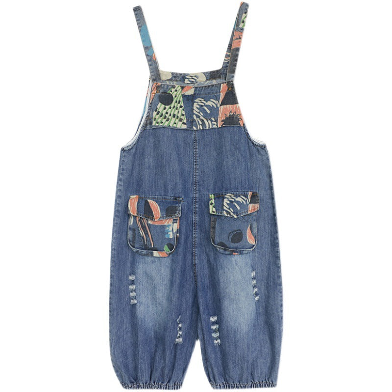 Denim Overalls Shorts Women's Fat Mm Print Stitching