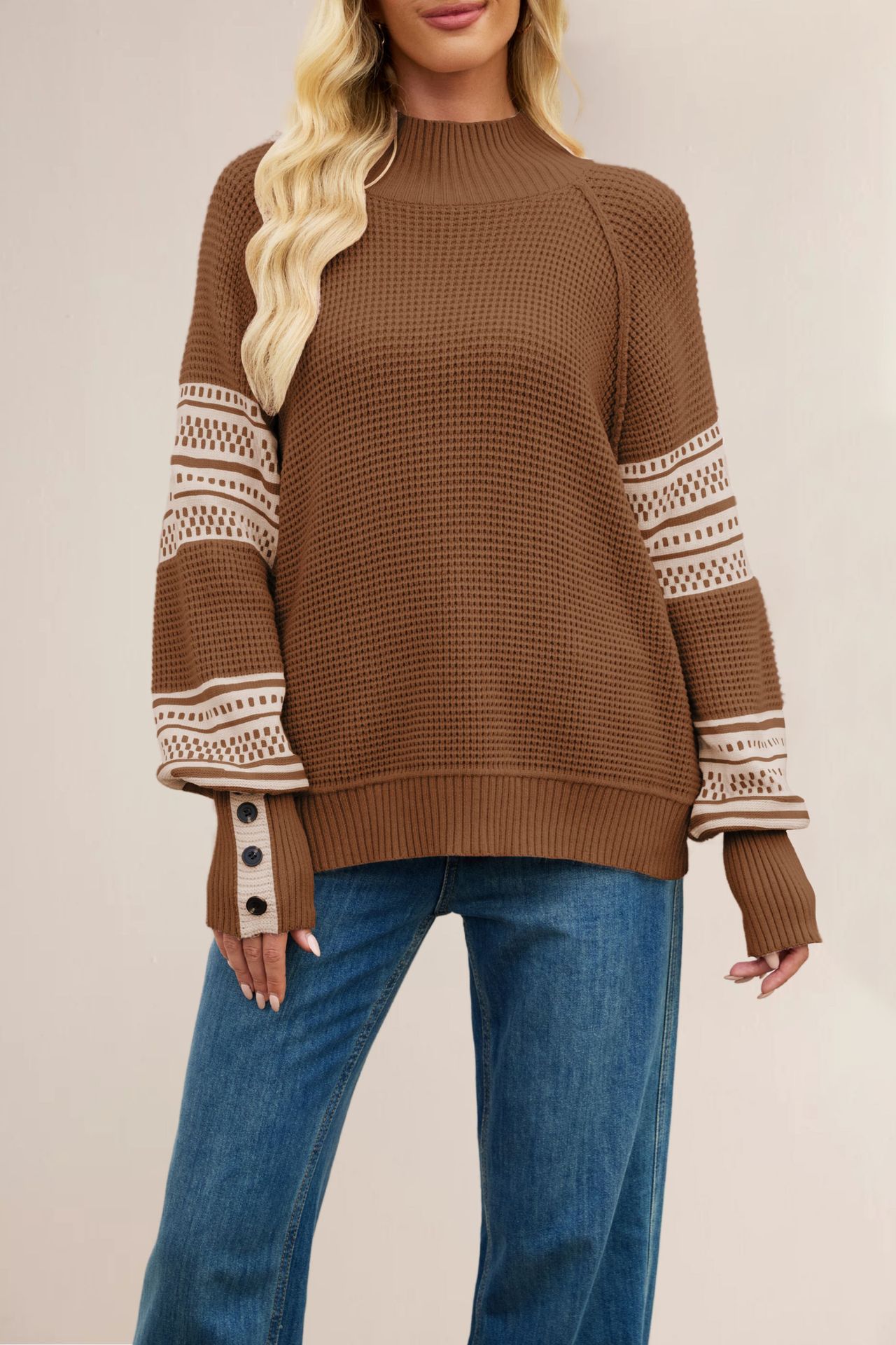Fashionable Knitted Color-Block Mock-Neck Pullover Sweater