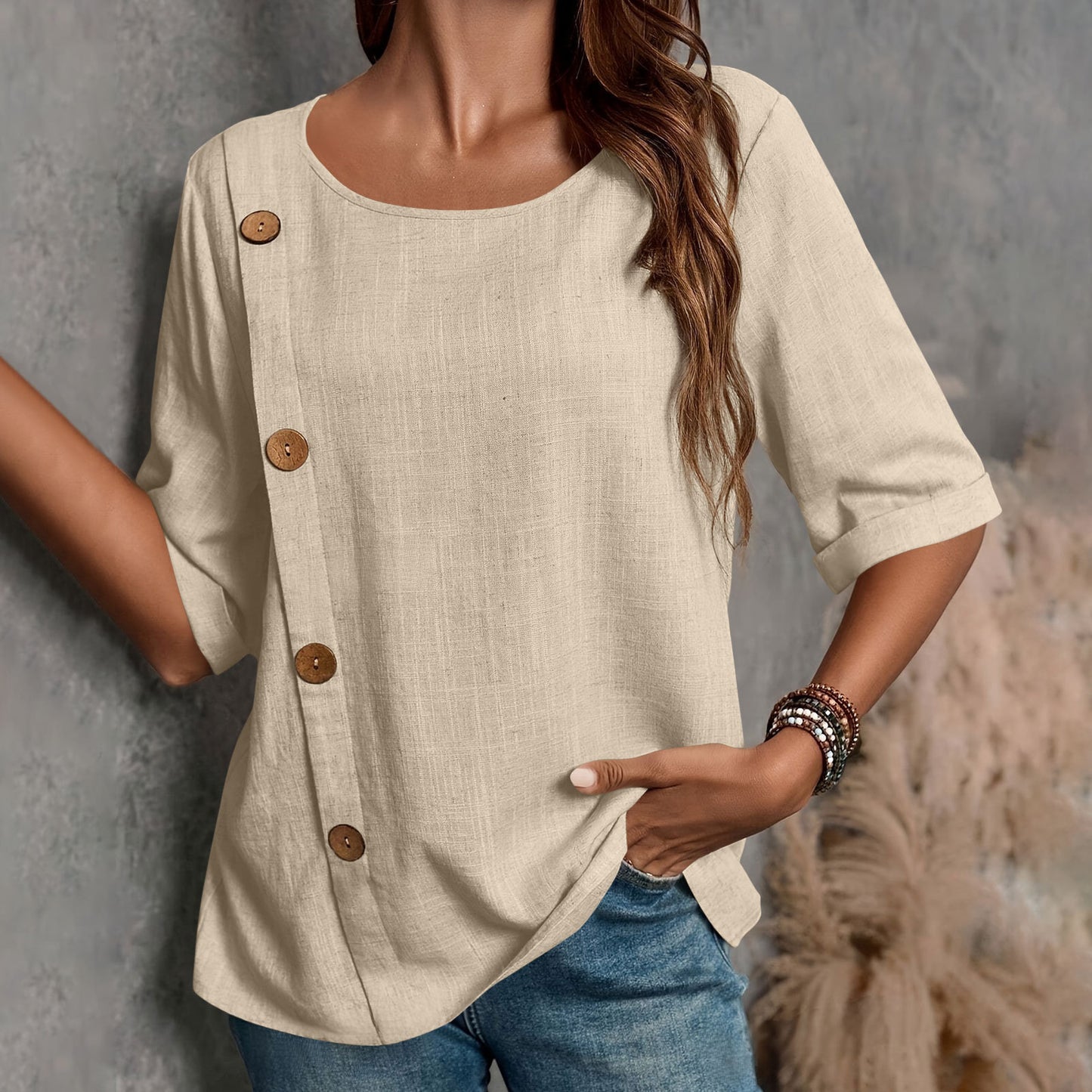 Womens Cotton-Linen Button-Up Fashion Casual Top