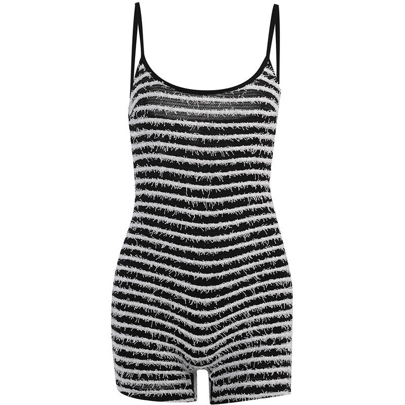 Women's Black And White Striped Waist-tight One-piece Shorts