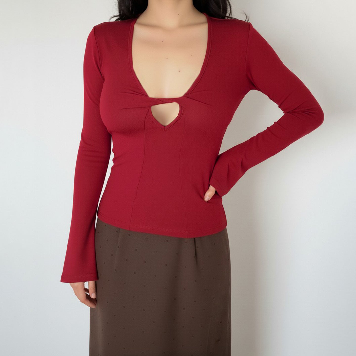 Deep V Long Sleeve Solid Color Sexy Slim-Fit Underwear Top