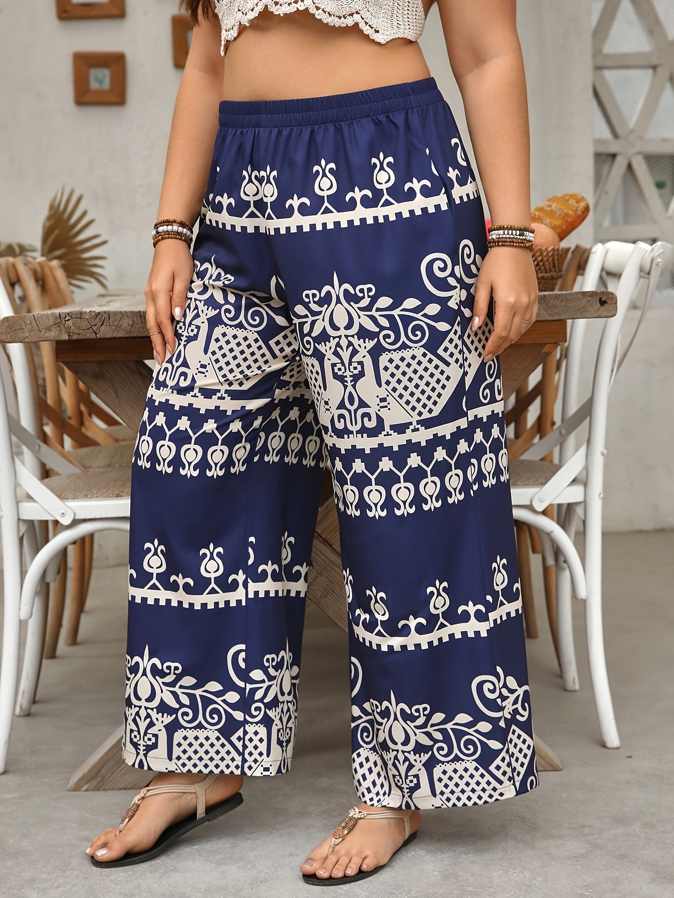 Women's Vacation-Style Loose Wide-Leg Pants With Floral Print
