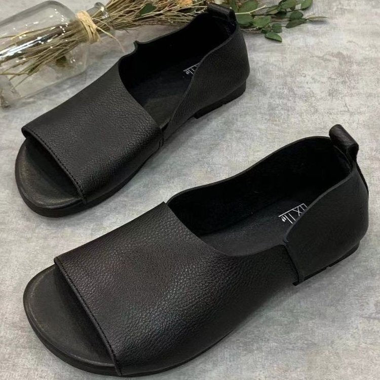 Retro Handmade Soft Leather Open-toe Fish-mouth Shoes With A Soft Sole
