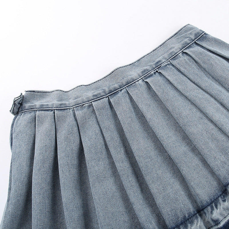 Casual High Waist Pleated Denim Skirt For Women