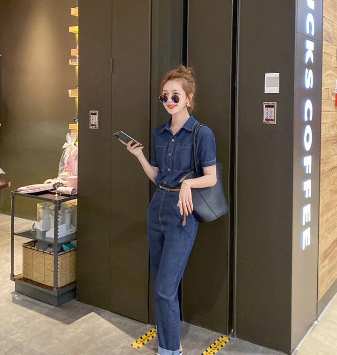 Sommer Ny Kortærmet Jumpsuit Overall Jeans Tøj Dame Jumpsuit