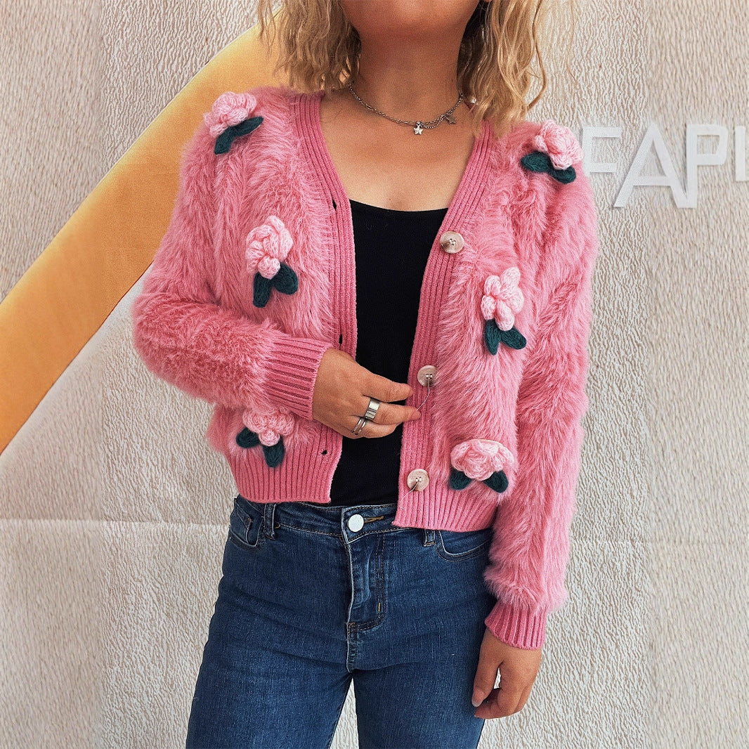 Stitching Three-dimensional Flower Fashion Short Knitted Sweater