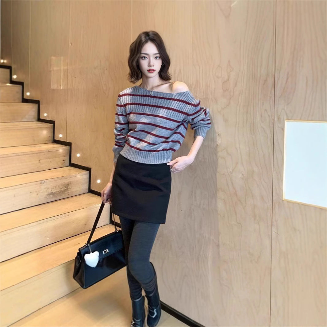 Short, Striped Off-the-shoulder Pullover Sweater