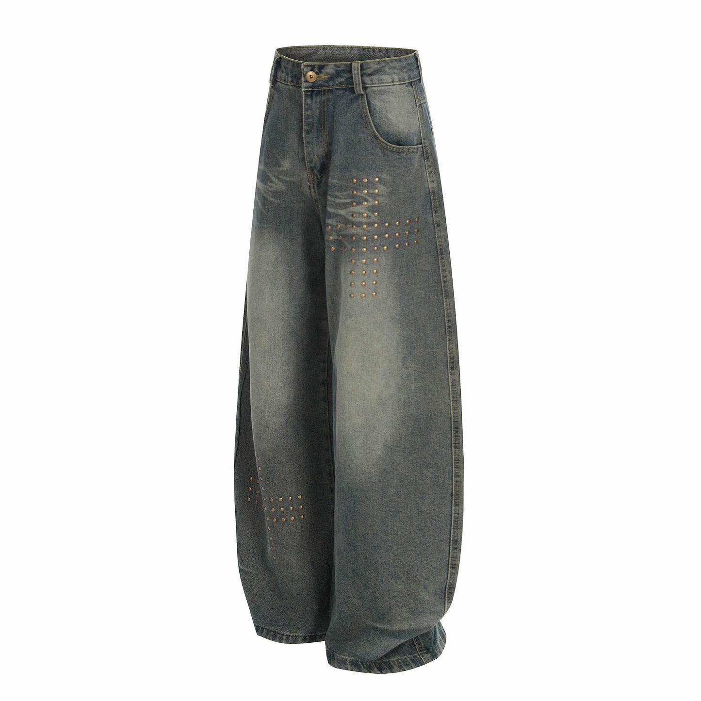 American-style Rivet-deconstructed Distressed Washed Denim Jeans