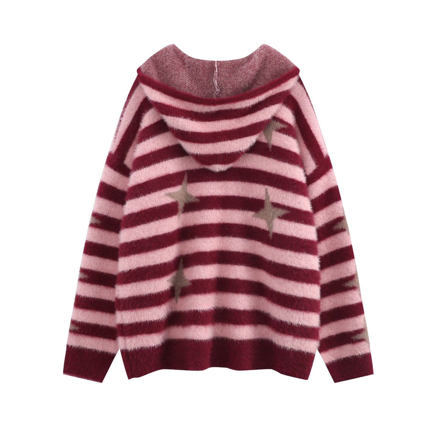 Idle Style Loose Red Striped Hooded Zip Cardigan Sweater Coat